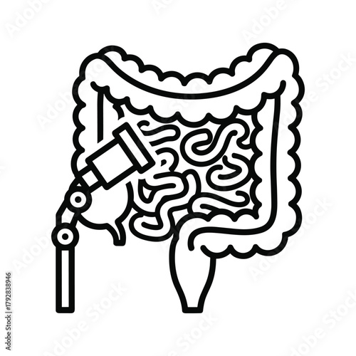 Colonoscopy procedure icon, colon and medical instrument