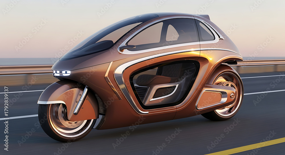Naklejka premium Sleek futuristic autonomous vehicle glides effortlessly on a highway, showcasing modern design and advanced transportation technology for future mobility concepts.
