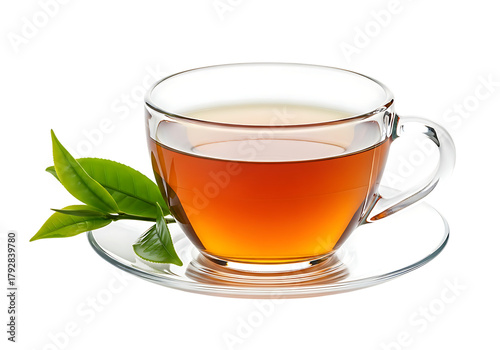 A clear glass cup filled with hot amber tea and fresh green tea leaves on a saucer isolated on transparent background