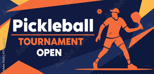 A vibrant vector banner for the Open Pickleball Tournament. A player's silhouette in orange and blue with geometric accents. Suitable for advertising, pickleball clubs, posters, and competitions