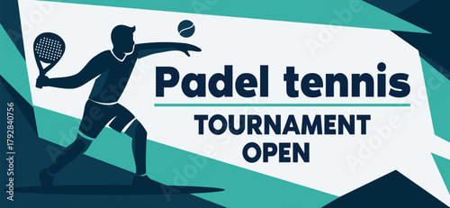 A vibrant vector banner for the Open Padel Tennis Tournament. A player's silhouette in blue, white, and mint colors with geometric accents. Suitable for advertising, padel clubs, posters, competition