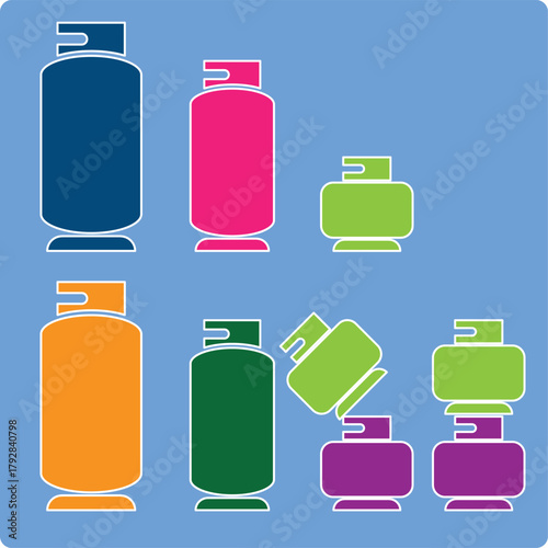 LPG gas cylinders in various colors with a blue background.