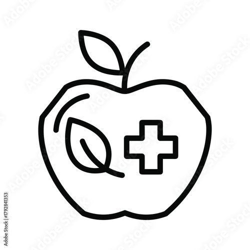 Apple with a medical cross and leaves, representing healthy eating