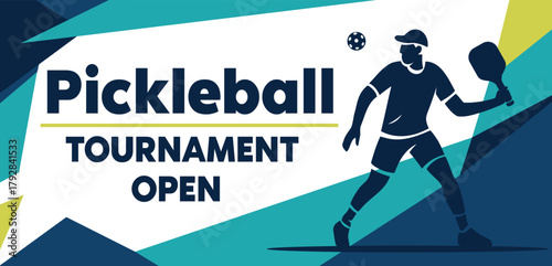 A vibrant vector banner for the Open Pickleball Tournament. A male player silhouette in green, blue, with geometric accents. Suitable for advertising, pickleball clubs, posters, and competitions