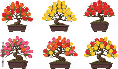 Colorful bonsai trees with vibrant red, yellow, pink, and orange flowers in decorative pots, nature beauty