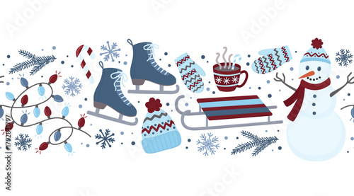 Seamless border with winter festive elements. Horizontal pattern with snowman, ice skates, cocoa, colorful lights, sled, hat, mittens and snowflakes