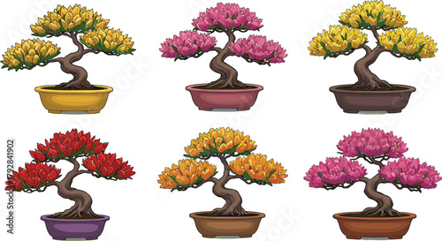 Colorful bonsai tree collection, red yellow pink flowers, nature art, home decor