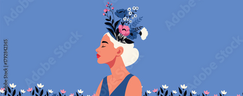 Women's Mental Health Day, March 8th. Vector illustration of a woman with closed eyes and flowers growing from her head. Symbolic of harmony, inner growth, psychological balance, and positive thinking