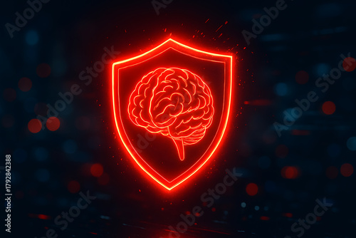 Neon glowing red shield with human brain symbol representing artificial intelligence protection and cybersecurity concept