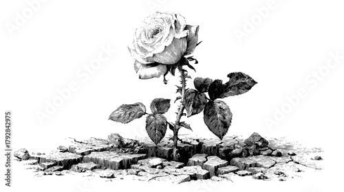 Sketchy vecter illustration of a detailed monochrome drawing of a rose growing from cracked earth with a white background illustration silhouette