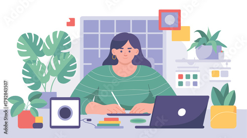 Woman writing at desk with laptop and plants vector illustration