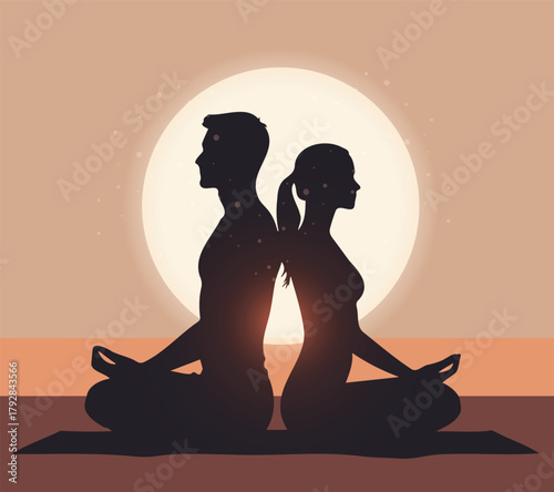 Vector illustration of a man and woman practicing yoga in the lotus position, sitting back to back against a sunset. Calm, balance, meditation. For projects on mental health, yoga, healthy lifestyle