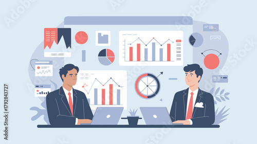 Two men in suits at desks with laptops and data charts