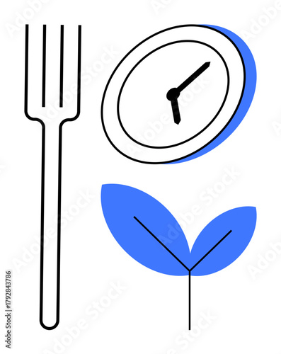 Fork, clock, and sprouting leaf represent meal planning, healthy eating, time management, and eco-friendly habits. Ideal for sustainability, growth, health nutrition productivity dieting balance