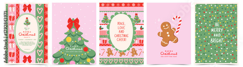 Set of cute Christmas greeting card, invitation, poster, cover in trendy hand drawn style. Modern Xmas design with gingerbread man, Christmas tree, candy cane, snowflakes. Vector illustration