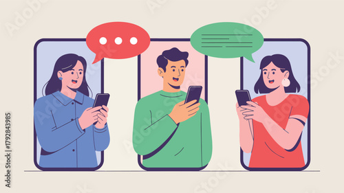 Three people in phone screens with speech bubbles communication