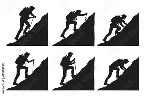 set of Mountain climber silhouette isolated on white background