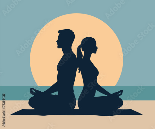 Vector illustration, man and woman practicing yoga in the lotus position, sitting back to back against a sunset backdrop. Meditation, relaxation. For projects on mental health, yoga, healthy lifestyl