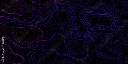 Abstract topographic map lines in vibrant purple and pink gradients on a black background