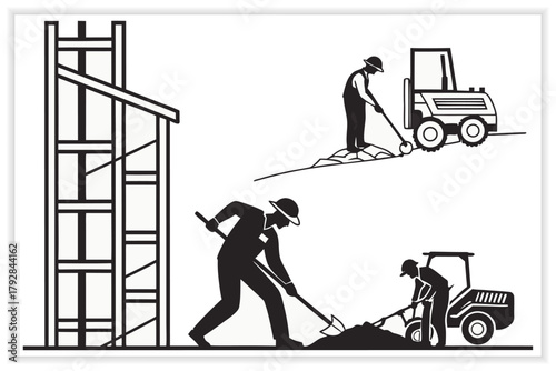 Building and Construction Industry Illustration Set Workers, Tools, and Architecture Vectors