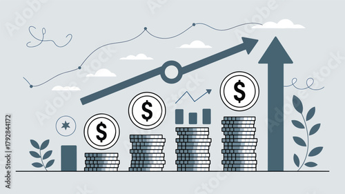 Stacks of dollar coins with upward trending graph and arrow