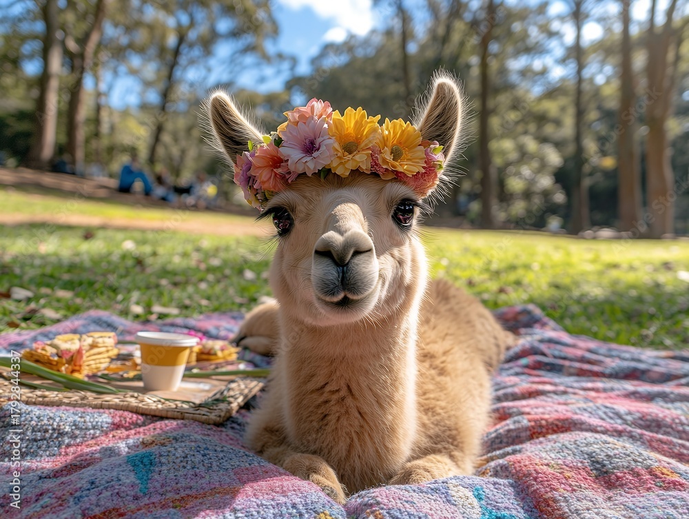 Naklejka premium A fluffy llama wearing a flower crown enjoys a picnic in a sunny park