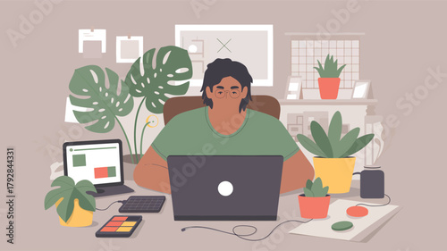 Person at desk with laptop surrounded by plants and office supplies