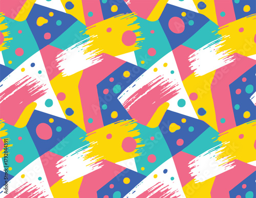 A vivid abstract pattern featuring neon brush strokes, geometric diamonds, and playful dots. Perfect for bold branding, backgrounds, or textiles needing energetic
