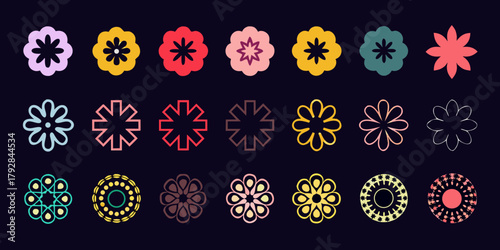 Collection of diverse abstract floral and star shapes in various colors and styles on a dark background