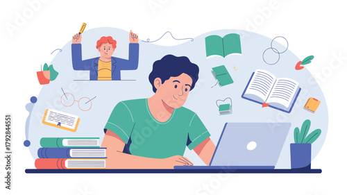 Man at laptop surrounded by books and learning icons