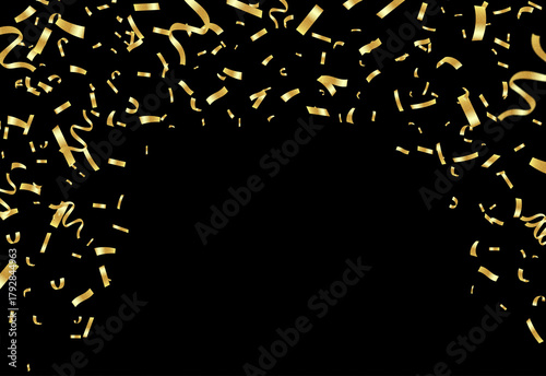 Slika na platnu Golden confetti spirals and ribbons cascade across a deep black background, crea
