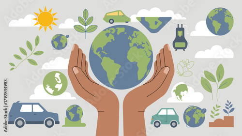 Hands cradling planet earth surrounded by nature and vehicles