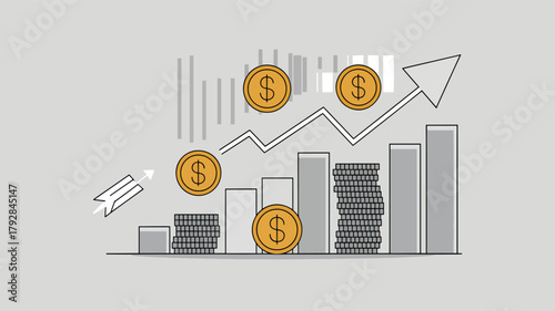 Growing financial graph with dollar coins and upward arrow