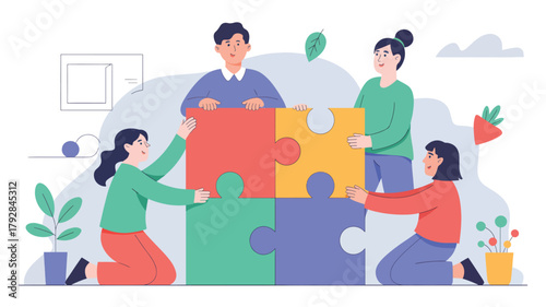 Four people assembling a large four piece puzzle teamwork