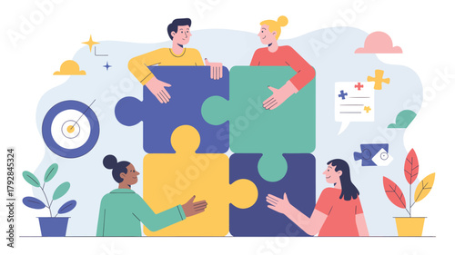 Four people connecting puzzle pieces in teamwork connection