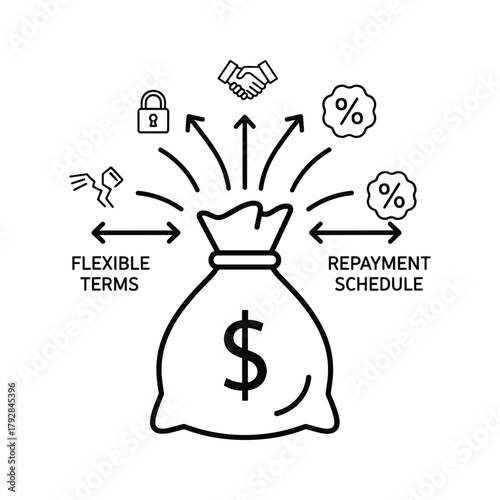 Money bag with flexible terms and repayment schedule icons