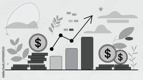 Dollar coins and bar graph with upward trending arrow and plants