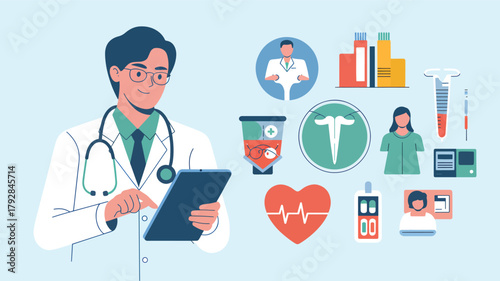 Doctor with tablet and medical icons on light blue background