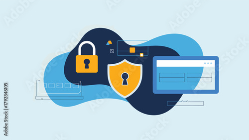 Digital lock shield and computer screen with abstract shapes