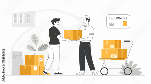 Delivery person hands package to customer with cart and boxes