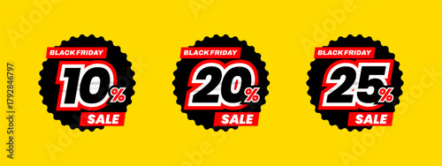 Set of black friday discount label vector illustration, sale banner for promotional 10% off, 20% off, 25% off special offer tag sticker design element
