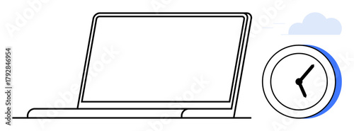 Laptop outline next to a clock with a cloud in the background, symbolizing productivity, time tracking, remote work, scheduling, workflow management, digital efficiency, time monitoring. A simple