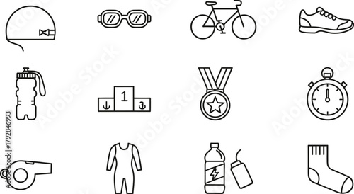 Triathlon sports icons, swimming cycling running graphics, swim cap goggles bicycle shoe, water bottle stopwatch medal whistle, winner podium, flavector