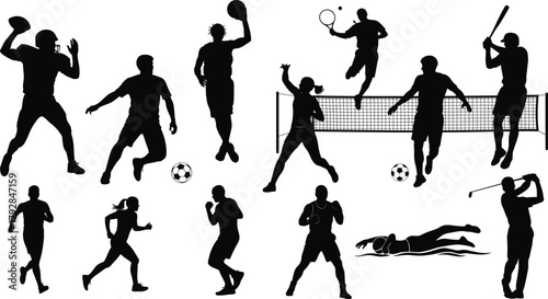 Sports silhouette set, athletic poses, black vector, dynamic motion, fitness activity, team sports, individual games, minimal design, action icons, physical movement