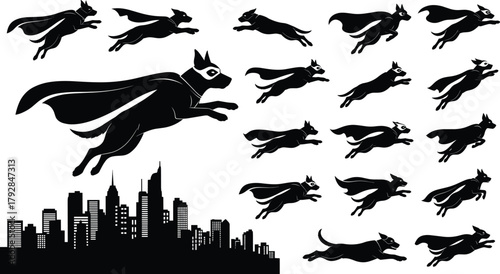 Superhero dogs flying over city skyline, cape and mask silhouette vector, dynamic pet motion sketch, cad drawing flat vector flavector