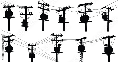 Utility pole silhouettes, electrical transformers, power lines, grid infrastructure, energy distribution, voltage systems, industrial design, engineering layout, urban network – flavector