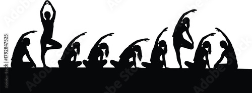 Yoga silhouettes, meditation poses, tree pose balance, wellness exercise, spiritual practice, body flexibility, mindfulness routine, fitness lifestyle, harmony, peace – flavector