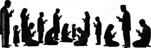 Silhouette vector of diverse people praying, family worship scene, spiritual unity, religious devotion, community faith, flat black illustration, flavector