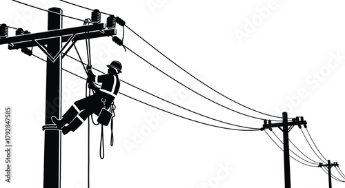 Utility worker climbing power pole silhouette, electrical maintenance, safety gear, helmet, harness, lineman job, black and white vector illustration