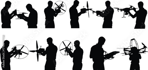 Drone operator silhouette set, person with drones, quadcopter inspection, UAV handling, black and white vector illustration, drone technology poses